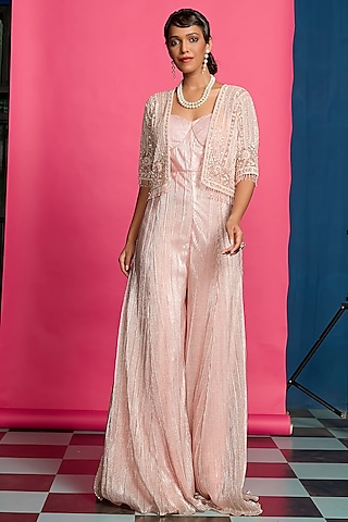 Peach Shimmer Crinkle Jumpsuit With Jacket by Priyanka Jain
