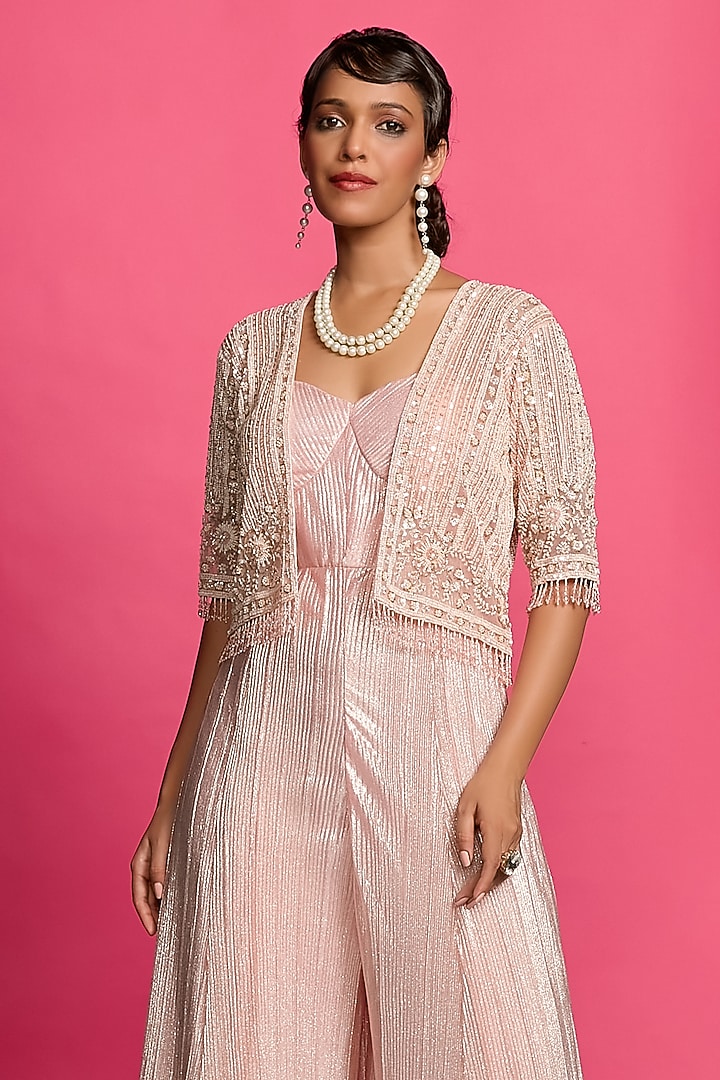 Peach Shimmer Crinkle Jumpsuit With Jacket by Priyanka Jain at Pernia's Pop Up Shop