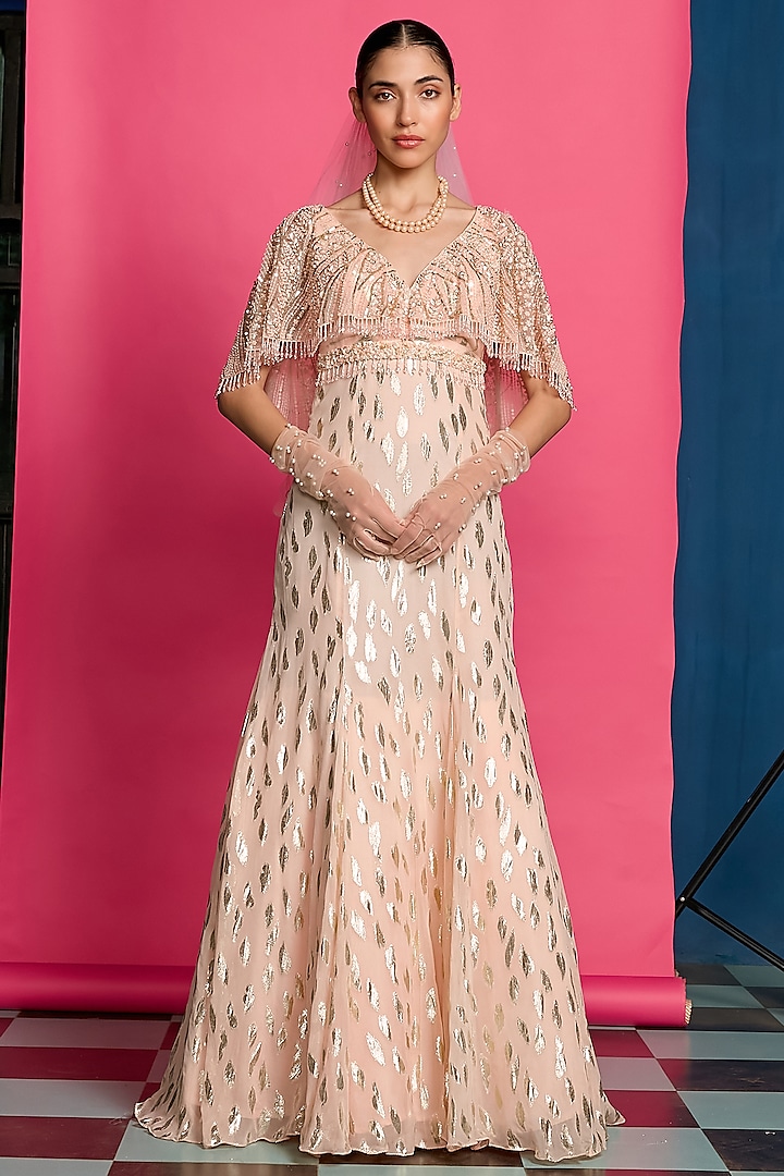 Peach Shimmer Embroidered Gown With Belt by Priyanka Jain at Pernia's Pop Up Shop