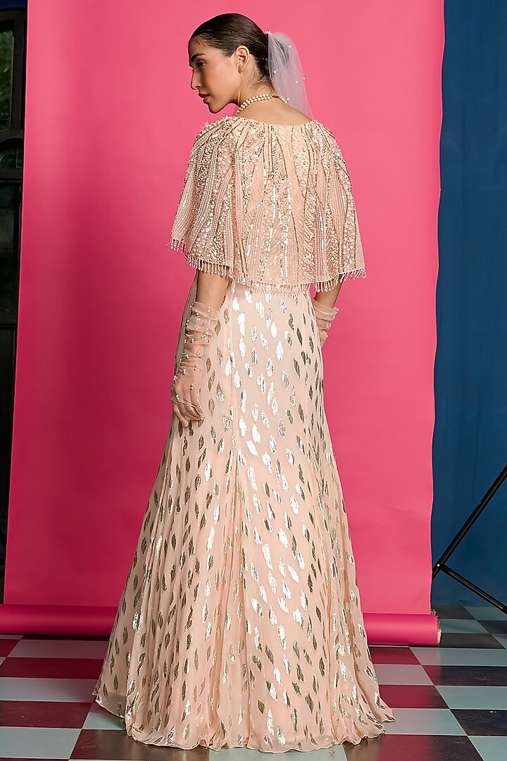 Peach Shimmer Embroidered Engagement Gown With Belt by Priyanka Jain at Pernia's Pop Up Shop