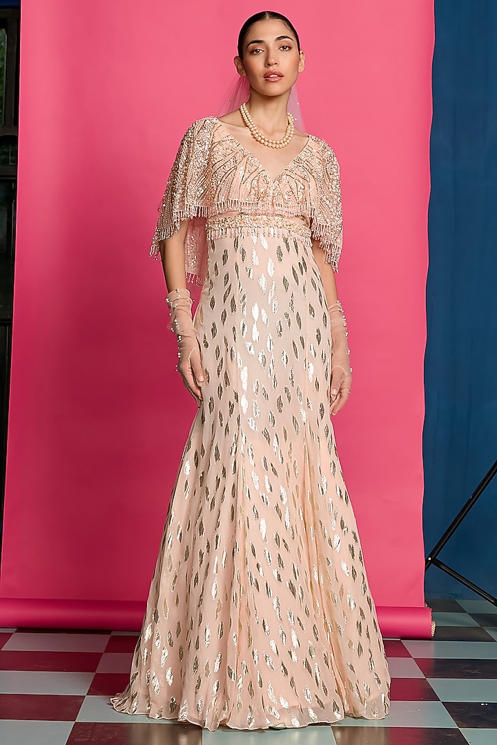 Peach Shimmer Embroidered Engagement Gown With Belt by Priyanka Jain at Pernia's Pop Up Shop