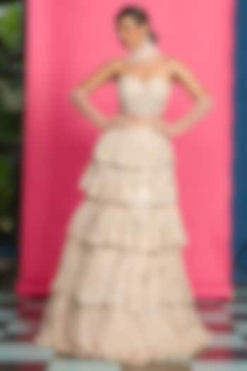 Blush Pink Shimmer Tiered Wedding Lehenga Set by Priyanka Jain at Pernia's Pop Up Shop