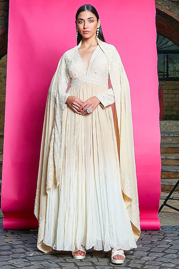 Gold & Ivory Crepe Threadwork Ombre-Dyed Anarkali Set by Priyanka Jain at Pernia's Pop Up Shop