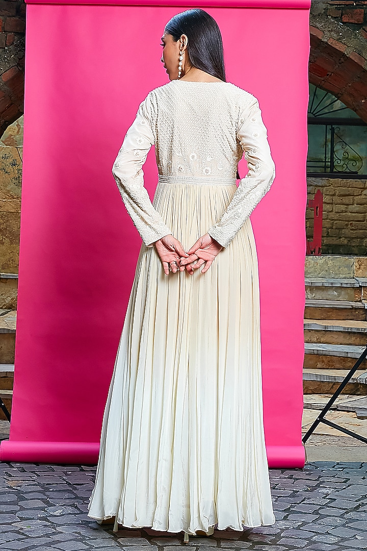 Gold & Ivory Crepe Threadwork Ombre-Dyed Wedding Anarkali Set by Priyanka Jain at Pernia's Pop Up Shop