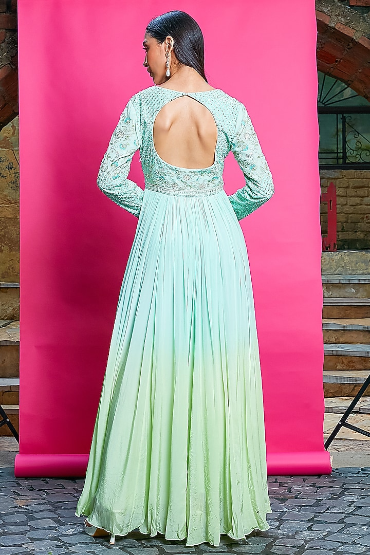 Sky Blue & Mint Green Crepe Threadwork Ombre-Dyed Wedding Anarkali Set by Priyanka Jain at Pernia's Pop Up Shop