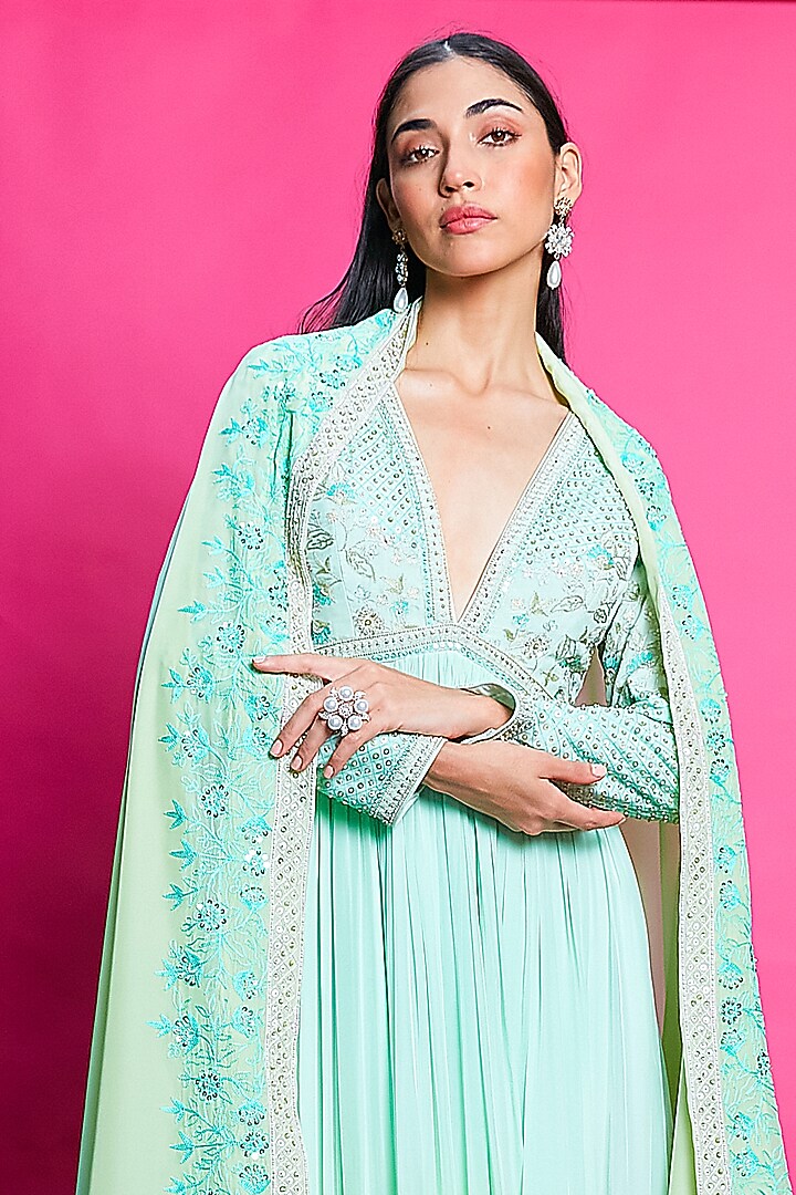 Sky Blue & Mint Green Crepe Threadwork Ombre-Dyed Wedding Anarkali Set by Priyanka Jain at Pernia's Pop Up Shop