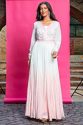 Pink & Ivory Crepe Ombre-Dyed Anarkali Set by Priyanka Jain