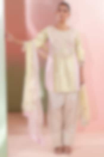 Pistachio Green & Baby Pink Chanderi Embroidered Kurta Set by Priyanka Jain at Pernia's Pop Up Shop