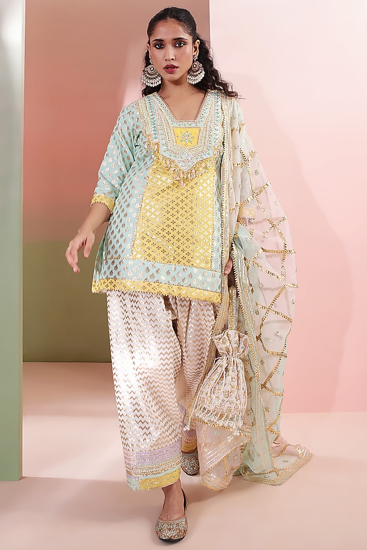 Soft Aqua & Pastel Yellow Chanderi Embroidered Kurta Set by Priyanka Jain at Pernia's Pop Up Shop