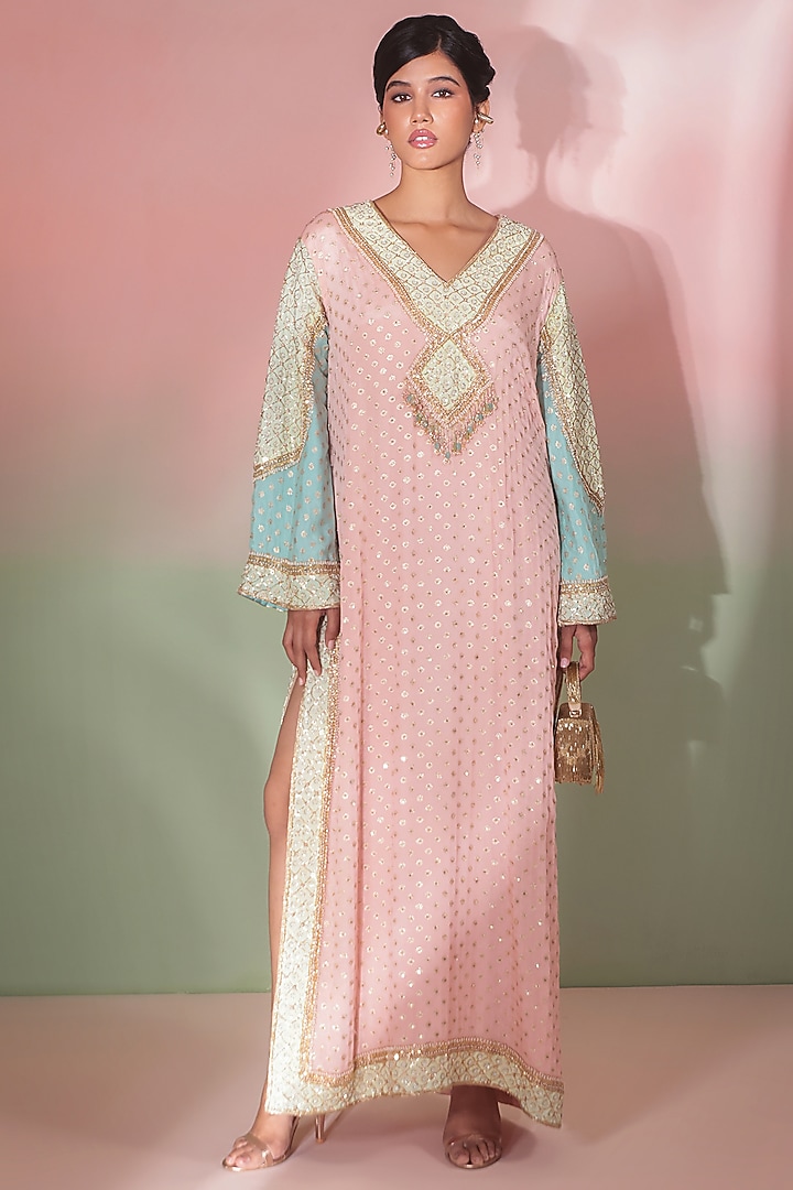 Pastel Pink Georgette Embroidered Kaftan by Priyanka Jain at Pernia's Pop Up Shop