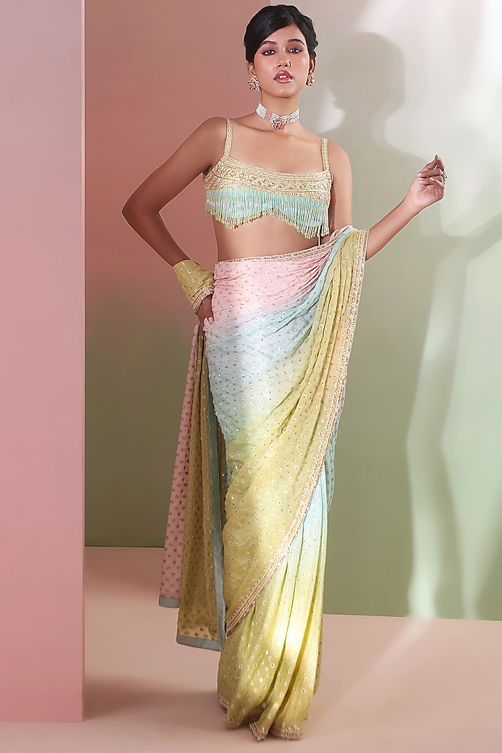 Multi-Colored Chanderi Sequins Embroidered Wedding Saree Set by Priyanka Jain at Pernia's Pop Up Shop