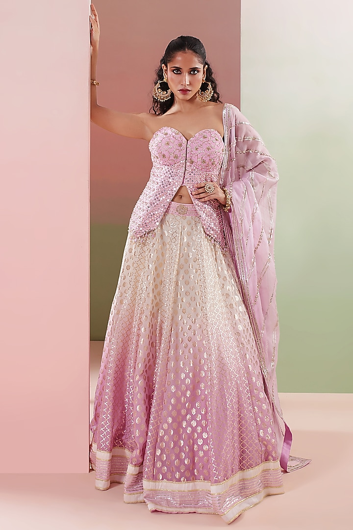 Lilac Ombre Chanderi Embroidered Wedding Lehenga Set by Priyanka Jain at Pernia's Pop Up Shop