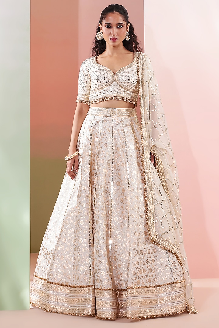 Ivory Chanderi Sequins Embroidered Wedding Lehenga Set by Priyanka Jain at Pernia's Pop Up Shop