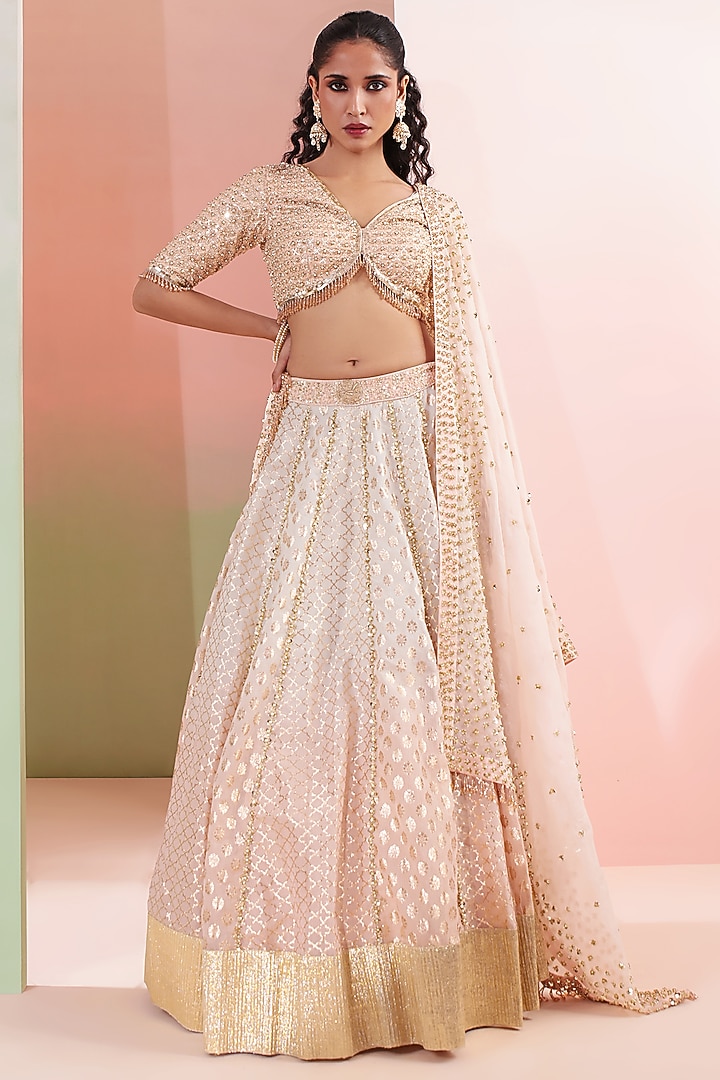 Peach & Ivory Ombre Chanderi Sequins Embroidered Wedding Lehenga Set by Priyanka Jain at Pernia's Pop Up Shop