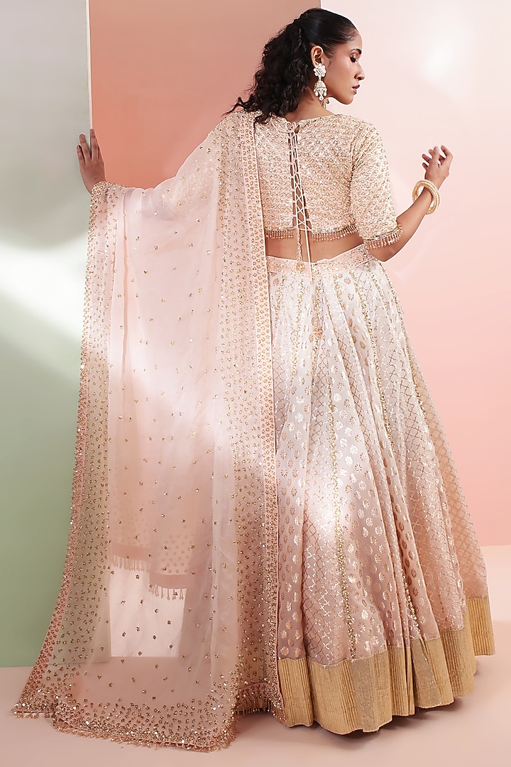 Peach & Ivory Ombre Chanderi Sequins Embroidered Wedding Lehenga Set by Priyanka Jain at Pernia's Pop Up Shop