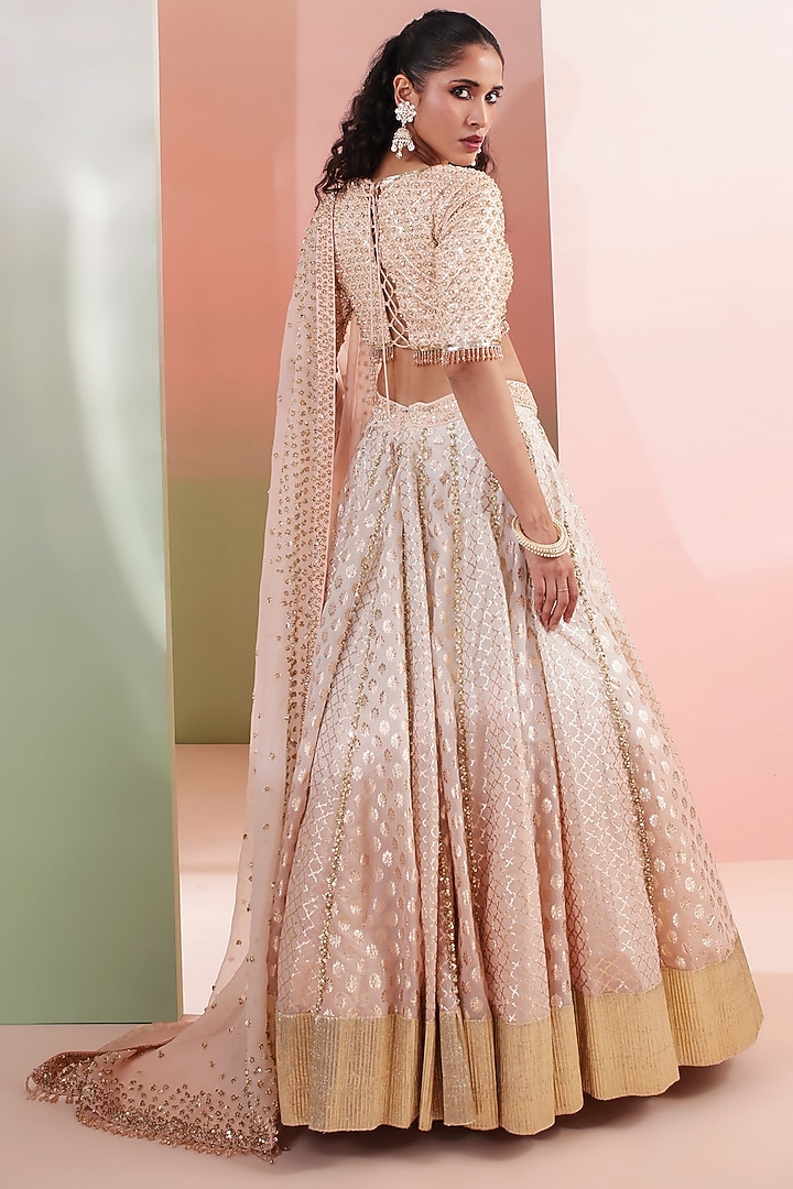 Peach & Ivory Ombre Chanderi Sequins Embroidered Wedding Lehenga Set by Priyanka Jain at Pernia's Pop Up Shop