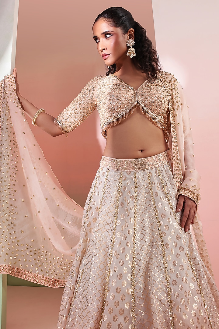 Peach & Ivory Ombre Chanderi Sequins Embroidered Wedding Lehenga Set by Priyanka Jain at Pernia's Pop Up Shop