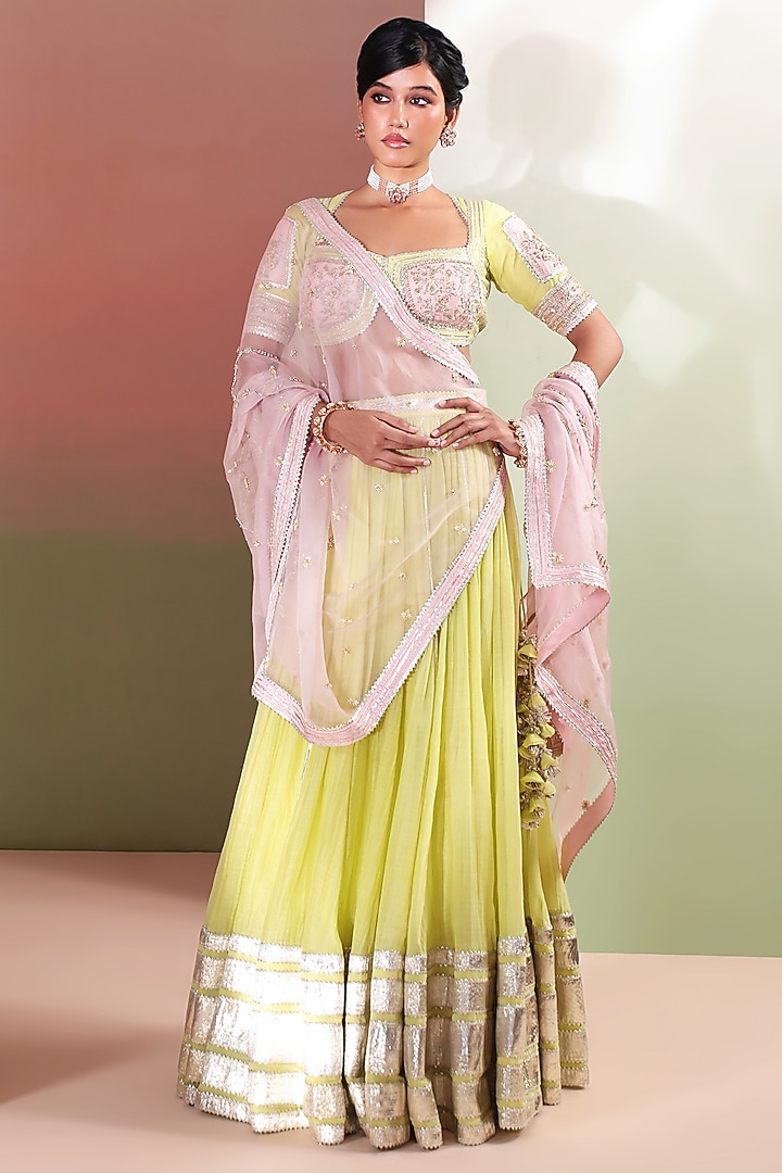 Multi-Colored Mul Chanderi Gota Lace Embroidered Wedding Lehenga Set by Priyanka Jain at Pernia's Pop Up Shop