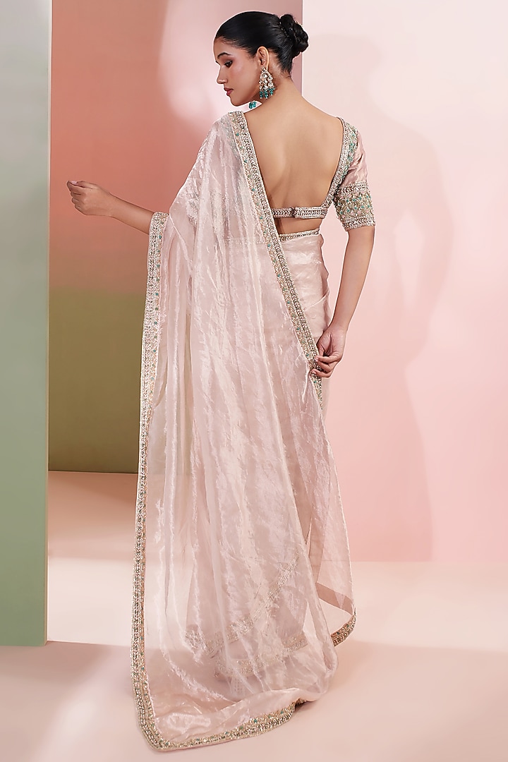 Rose Pink Tissue Embroidered Wedding Saree Set by Priyanka Jain at Pernia's Pop Up Shop