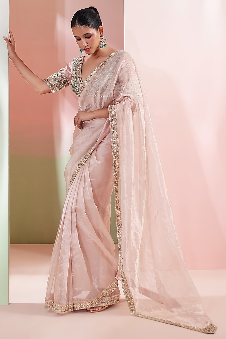 Rose Pink Tissue Embroidered Wedding Saree Set by Priyanka Jain at Pernia's Pop Up Shop