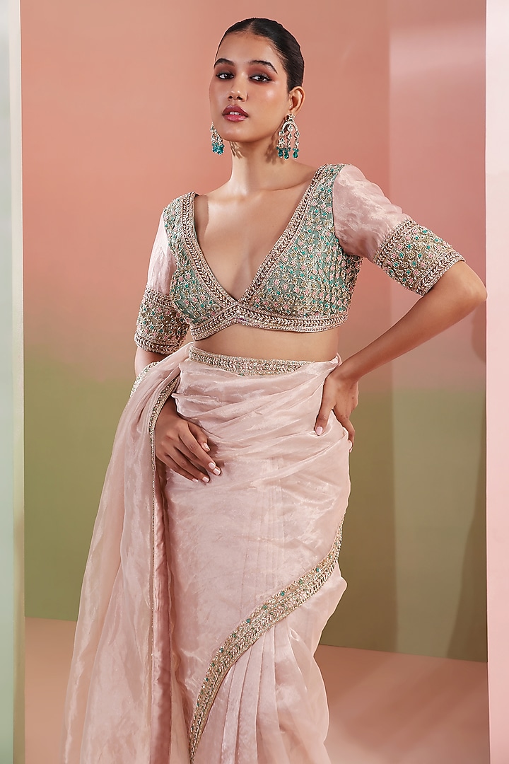Rose Pink Tissue Embroidered Wedding Saree Set by Priyanka Jain at Pernia's Pop Up Shop