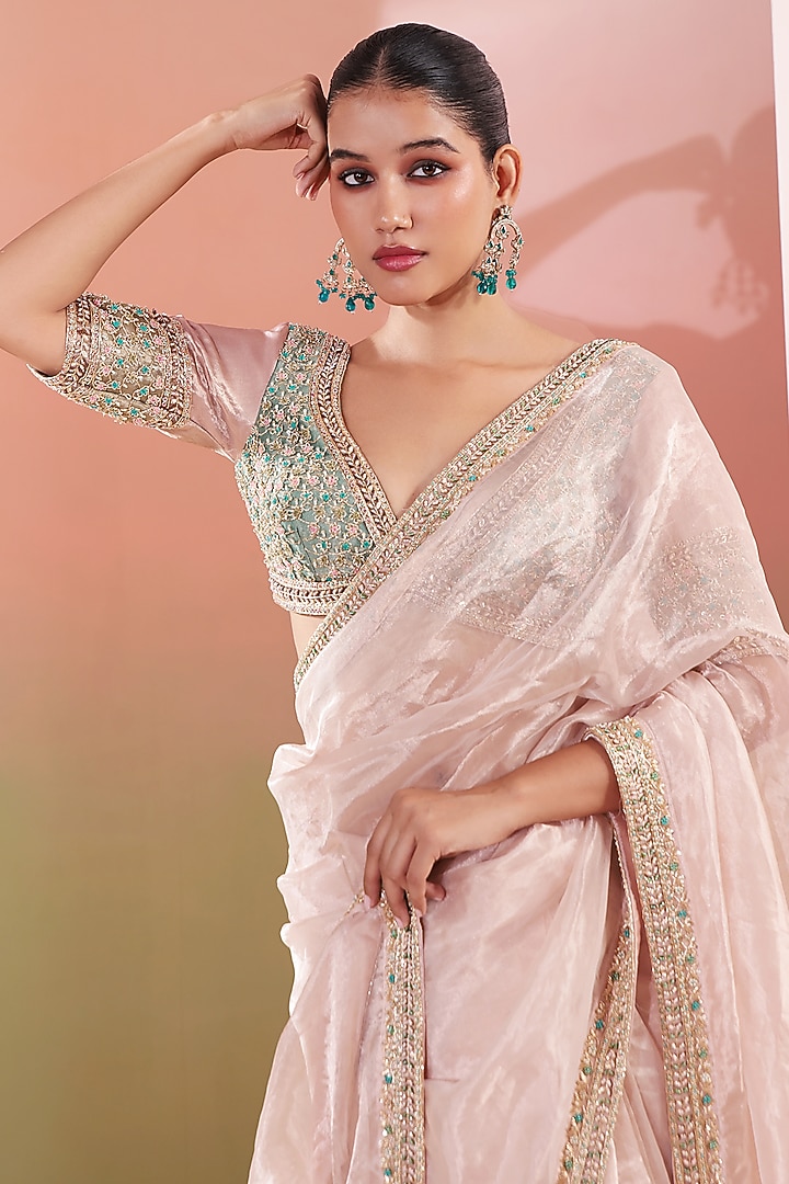 Rose Pink Tissue Embroidered Wedding Saree Set by Priyanka Jain at Pernia's Pop Up Shop