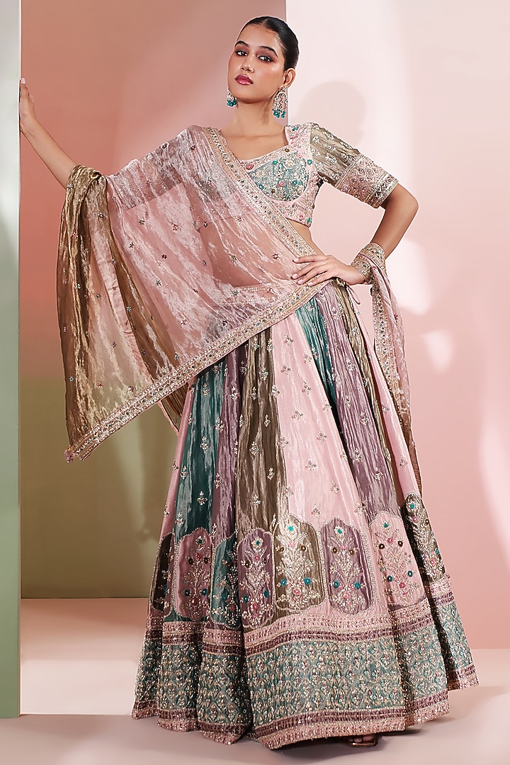 Teal Pure Tissue Embellished Color-Blocked Bridal Lehenga Set by Priyanka Jain at Pernia's Pop Up Shop