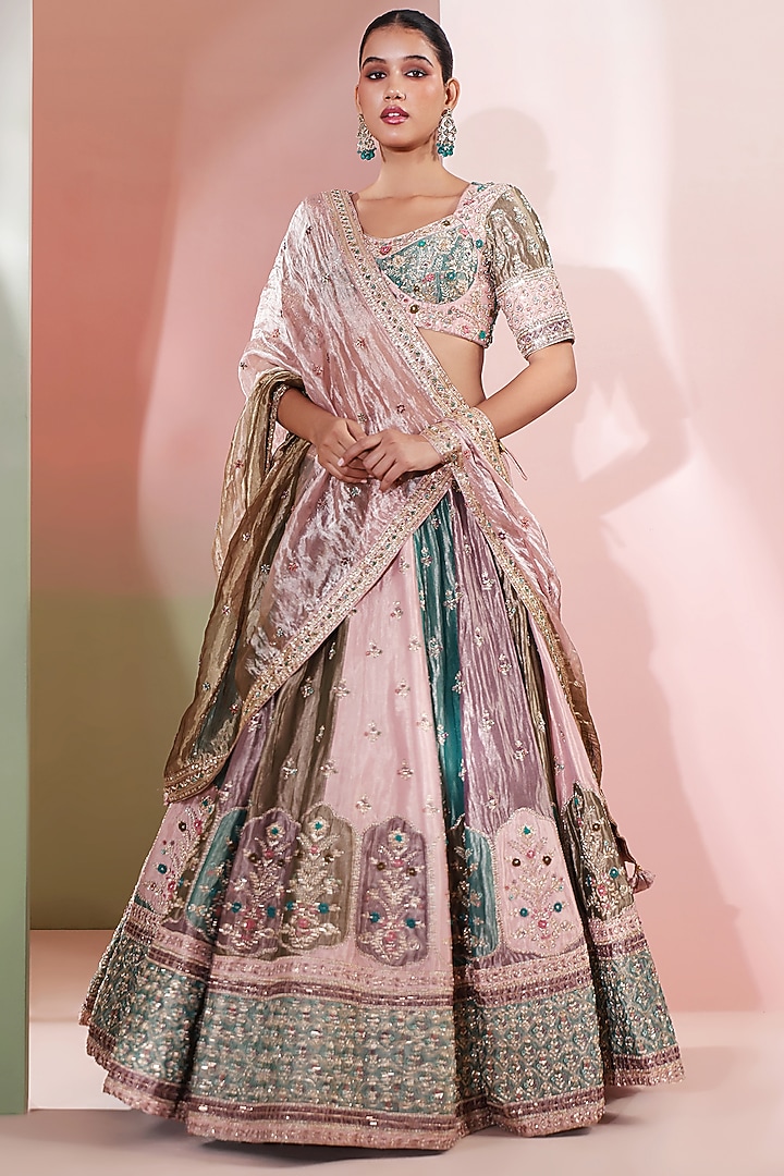 Teal Pure Tissue Embellished Color-Blocked Bridal Lehenga Set by Priyanka Jain at Pernia's Pop Up Shop