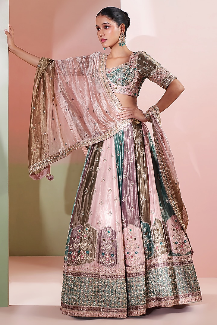 Teal Pure Tissue Embellished Color-Blocked Bridal Lehenga Set by Priyanka Jain at Pernia's Pop Up Shop