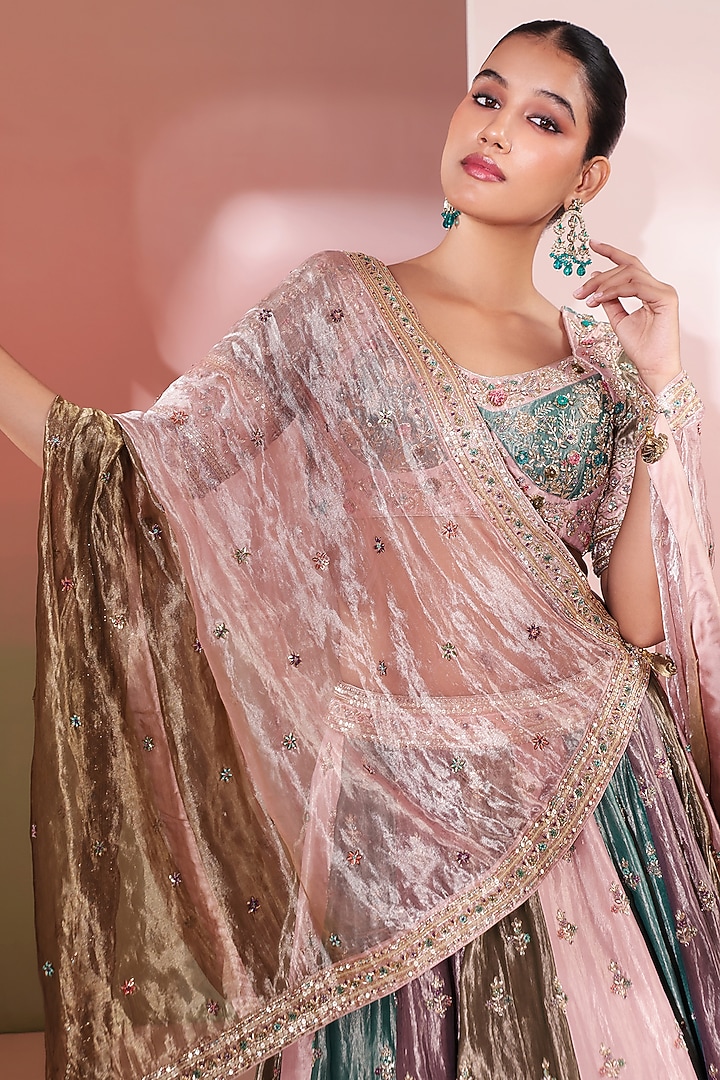 Teal Pure Tissue Embellished Color-Blocked Bridal Lehenga Set by Priyanka Jain at Pernia's Pop Up Shop