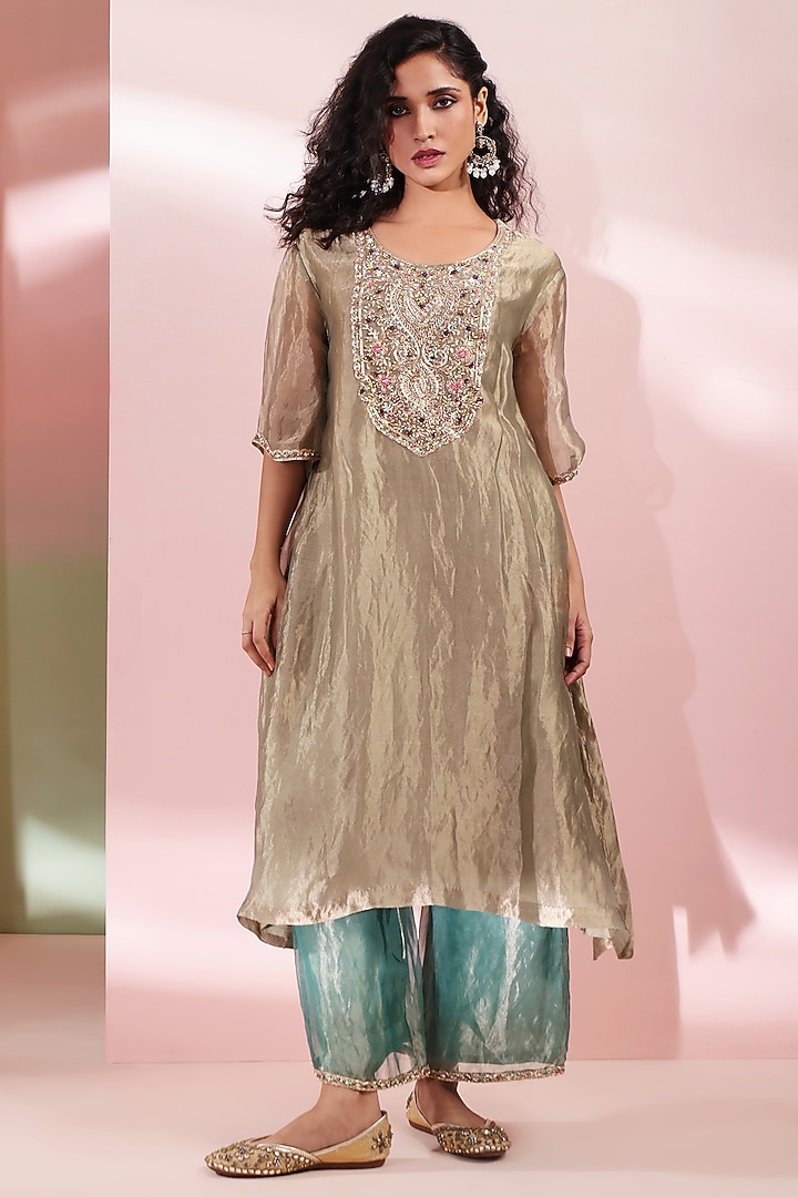 Olive Green Pure Tissue Dabka Embroidered Kaftan Set by Priyanka Jain at Pernia's Pop Up Shop