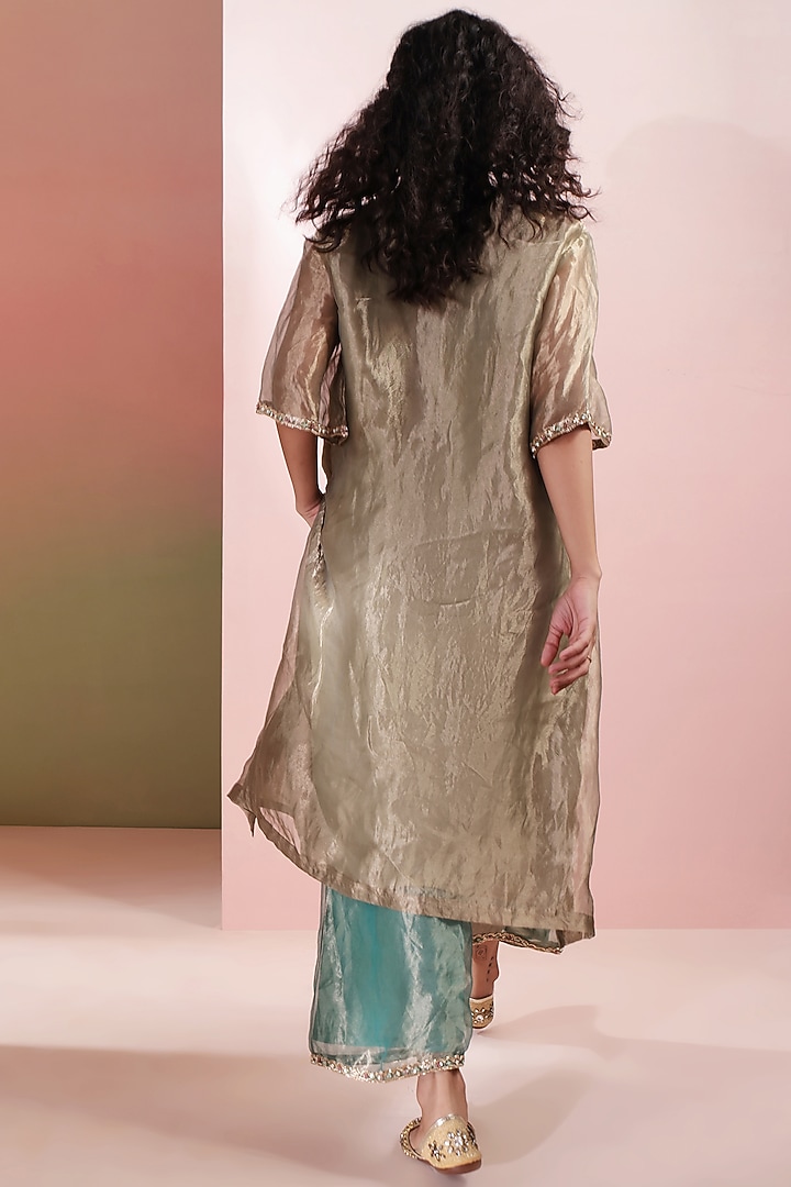 Olive Green Pure Tissue Dabka Embroidered Kaftan Set by Priyanka Jain at Pernia's Pop Up Shop