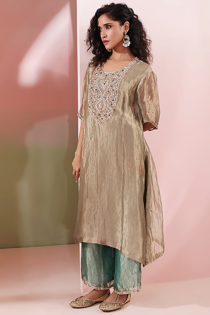 Olive Green Pure Tissue Dabka Embroidered Kaftan Set by Priyanka Jain at Pernia's Pop Up Shop