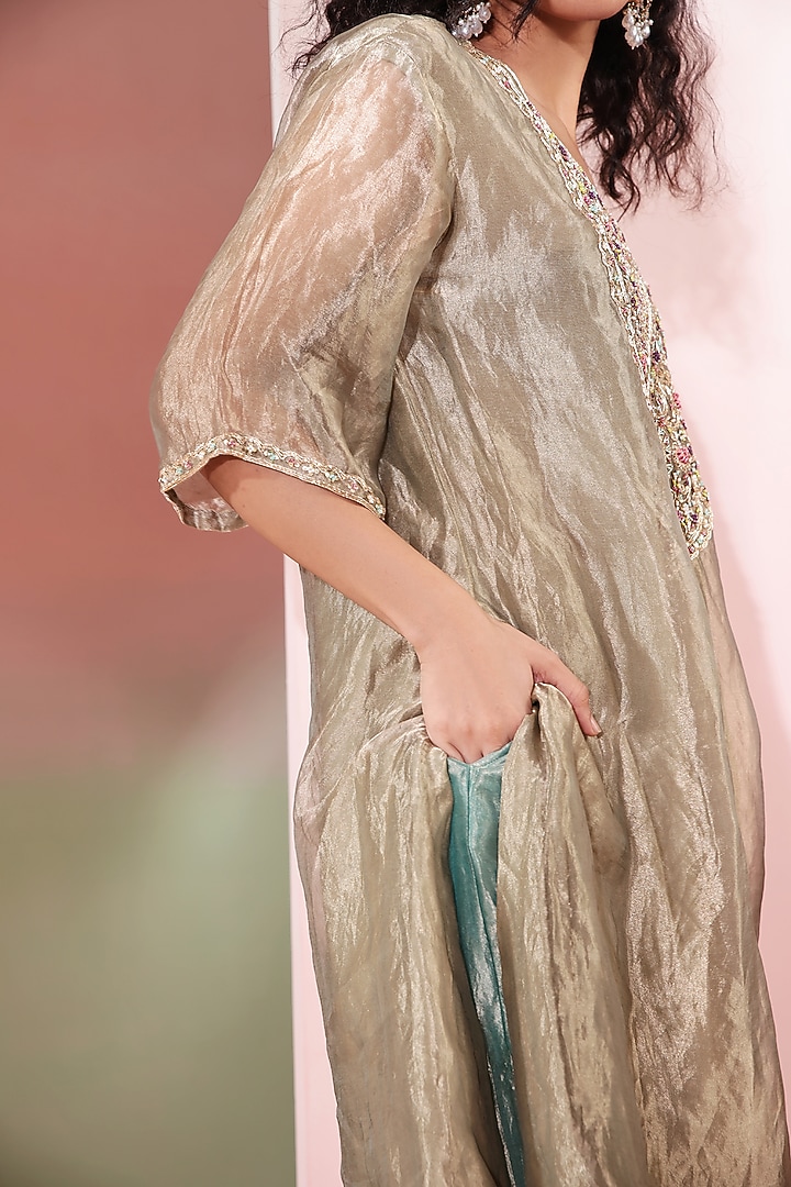 Olive Green Pure Tissue Dabka Embroidered Kaftan Set by Priyanka Jain at Pernia's Pop Up Shop