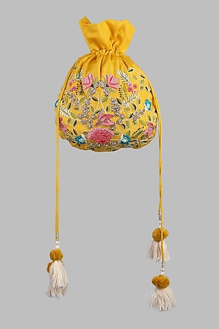 Mustard Chanderi Embroidered Potli by Priyanka Jain