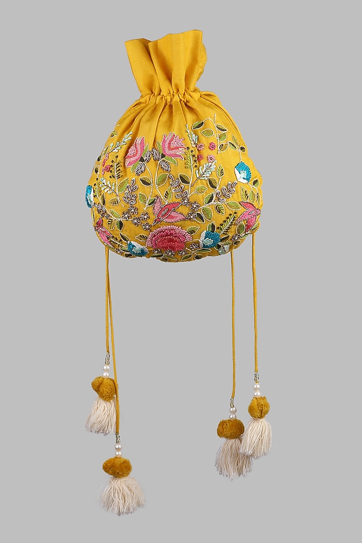 Mustard Chanderi Embroidered Potli by Priyanka Jain at Pernia's Pop Up Shop