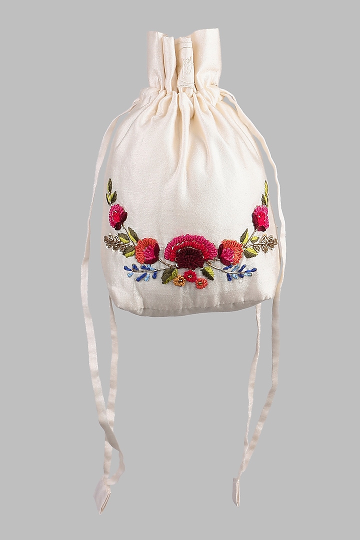 Ivory Chanderi Embroidered Potli by Priyanka Jain at Pernia's Pop Up Shop