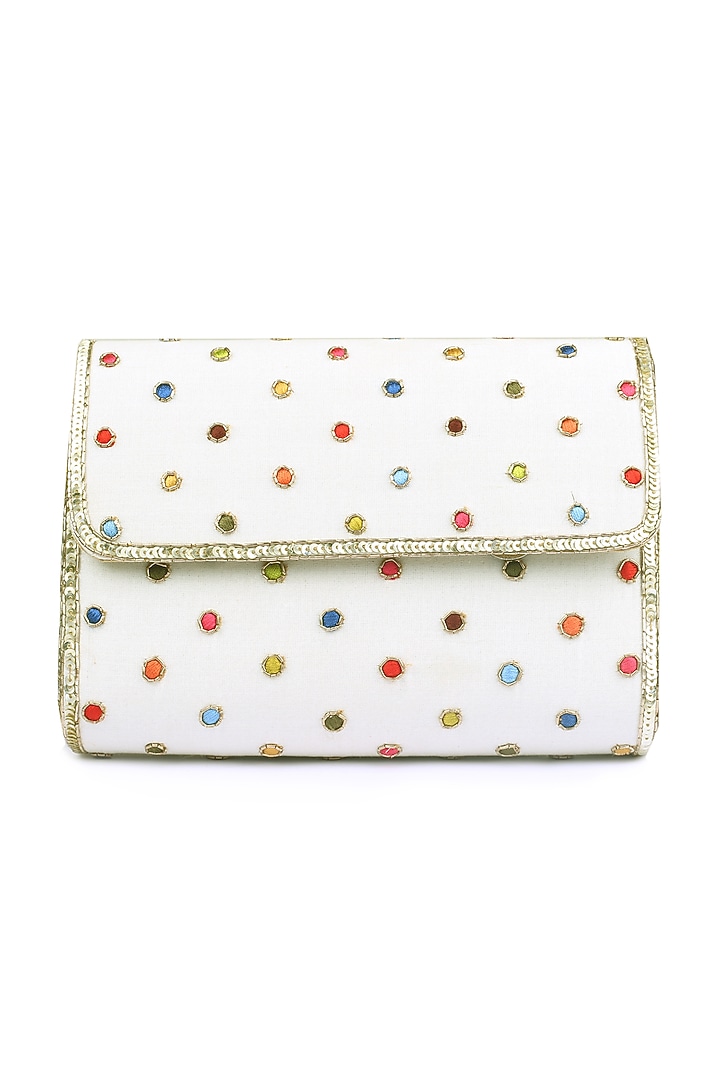 Ivory Polka Dot Embroidered Clutch by Priyanka Jain at Pernia's Pop Up Shop