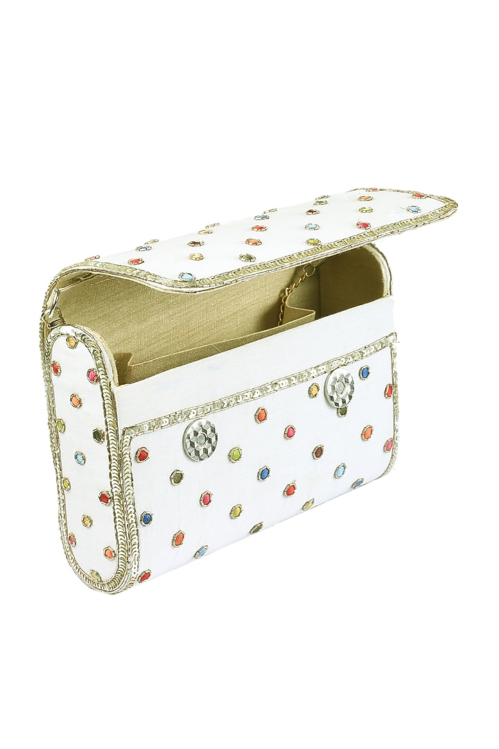 Ivory Polka Dot Embroidered Clutch by Priyanka Jain at Pernia's Pop Up Shop