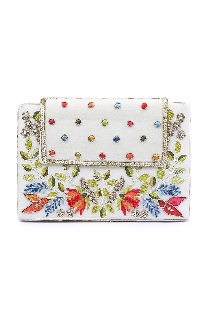 Ivory Floral Embroidered Clutch by Priyanka Jain at Pernia's Pop Up Shop