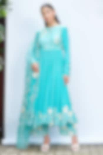 Bright Turquoise Italian Crepe Aari Work Anarkali Set by Priyanka Jain at Pernia's Pop Up Shop