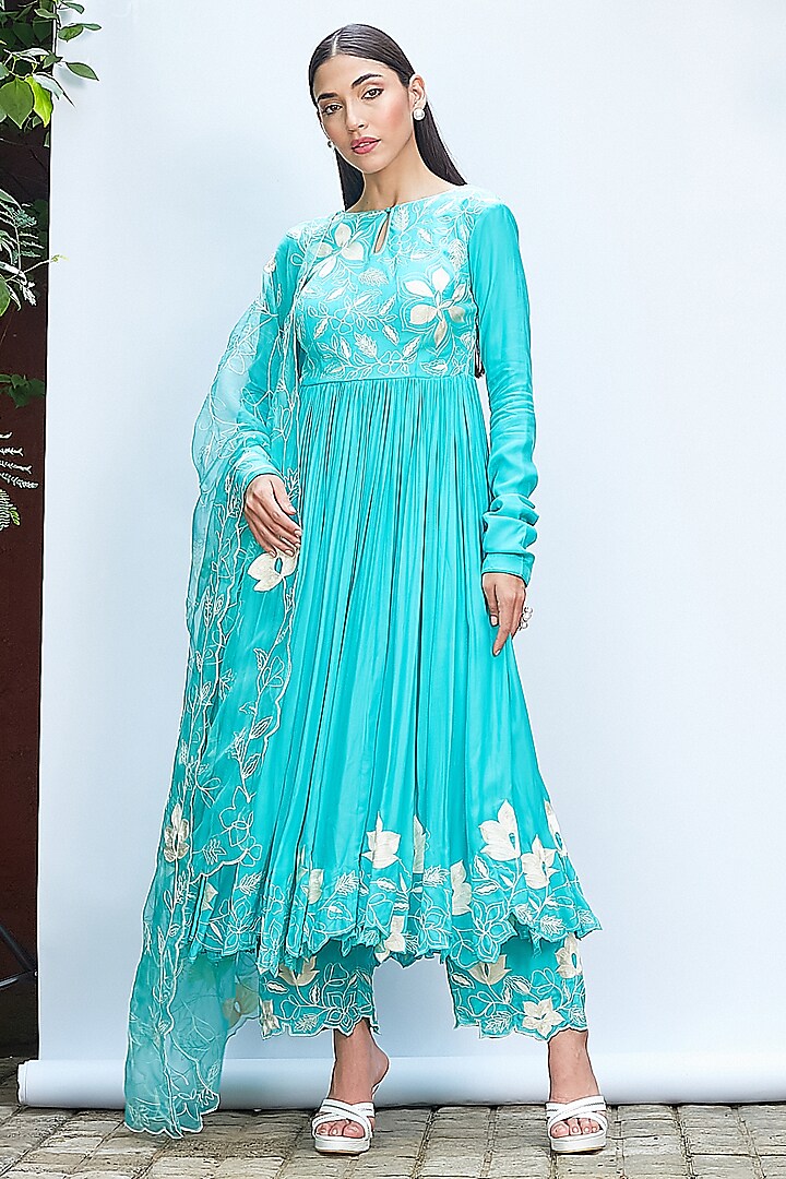 Bright Turquoise Italian Crepe Aari Work Anarkali Set by Priyanka Jain at Pernia's Pop Up Shop