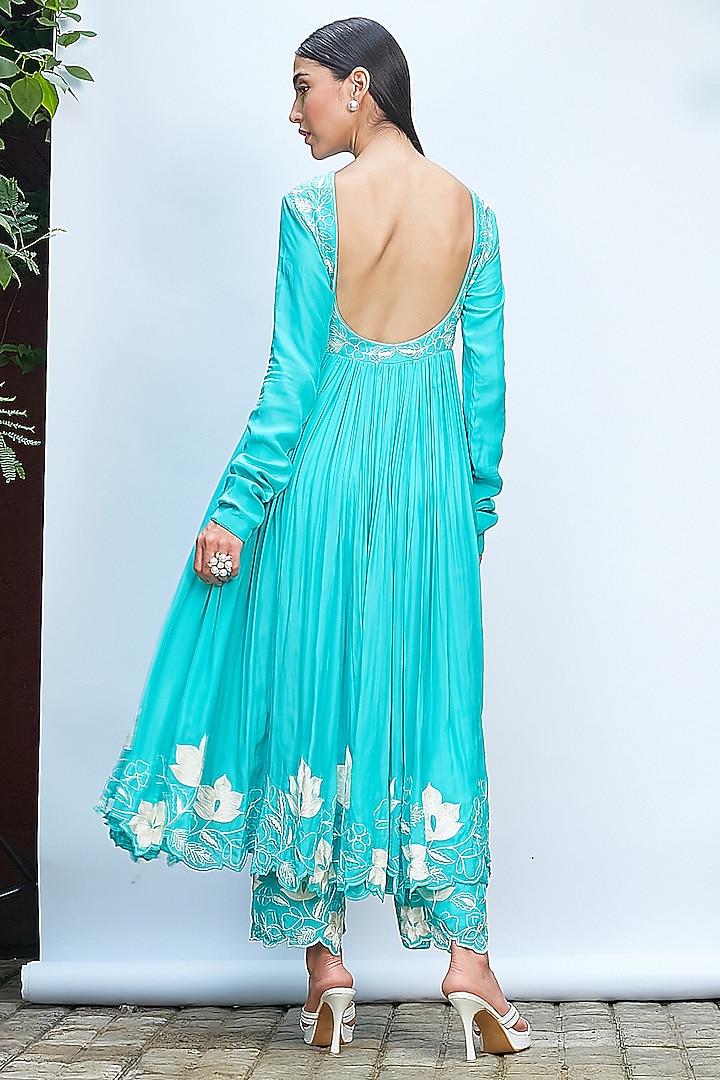 Bright Turquoise Italian Crepe Aari Work Wedding Anarkali Set by Priyanka Jain at Pernia's Pop Up Shop