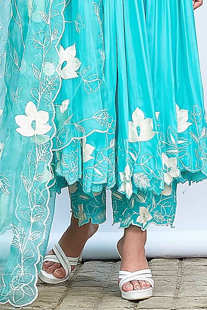 Bright Turquoise Italian Crepe Aari Work Wedding Anarkali Set by Priyanka Jain at Pernia's Pop Up Shop