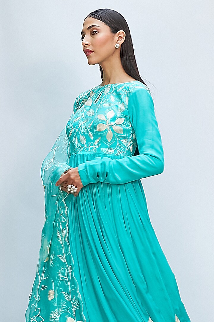 Bright Turquoise Italian Crepe Aari Work Wedding Anarkali Set by Priyanka Jain at Pernia's Pop Up Shop