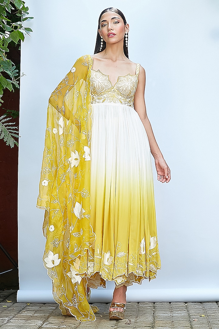 Ivory & Golden Yellow Italian Crepe Embroidered Ombre Dye Anarkali Set by Priyanka Jain at Pernia's Pop Up Shop