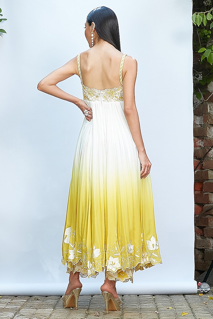 Ivory & Golden Yellow Italian Crepe Embroidered Ombre Dye Wedding Anarkali Set by Priyanka Jain at Pernia's Pop Up Shop