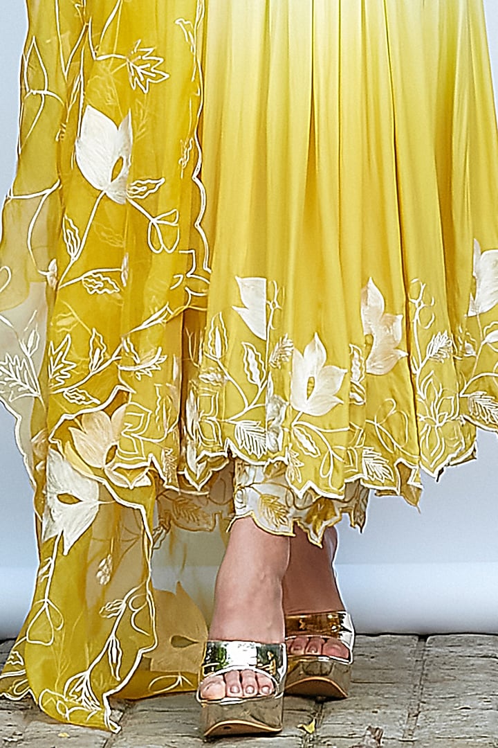 Ivory & Golden Yellow Italian Crepe Embroidered Ombre Dye Wedding Anarkali Set by Priyanka Jain at Pernia's Pop Up Shop