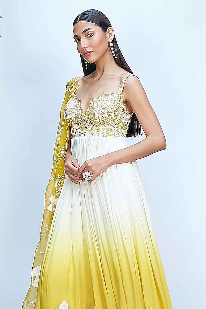 Ivory & Golden Yellow Italian Crepe Embroidered Ombre Dye Wedding Anarkali Set by Priyanka Jain at Pernia's Pop Up Shop
