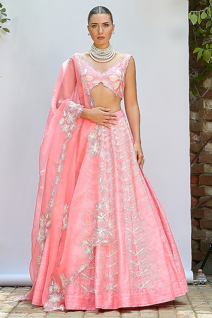 Bubblegum Pink Raw silk Aari Embroidered Wedding Lehenga Set by Priyanka Jain at Pernia's Pop Up Shop